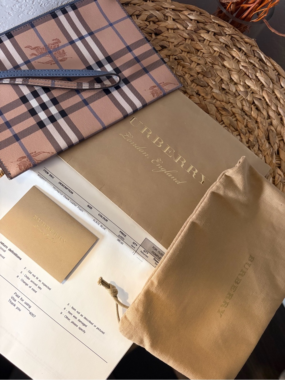 BURBERRY HAYMARKET CHECK LEATHER POUCH w/ DUST BAG - Picture 7 of 7